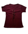 Women's Burgundy Ribbed Short Sleeve Top Lace Up Front Knit Tee | S