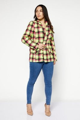 River Island Neon Lime Pink Black Check Boucle Blazer Ladies Size Uk 12 Us 8