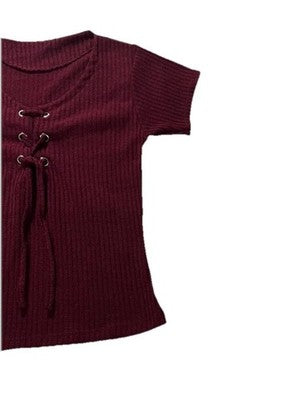 Women's Burgundy Ribbed Short Sleeve Top Lace Up Front Knit Tee | S
