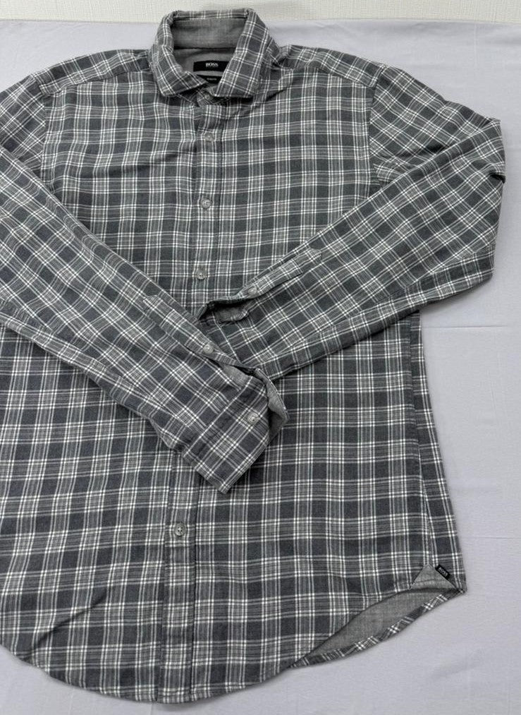BOSS Men's Grey Plaid Flannel Slim Fit Button-Down Shirt M Germany