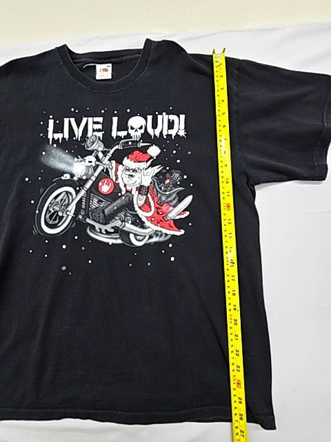 Fruit of the Loom Men's Black Santa Biker Skull T-Shirt XL Heavy Cotton