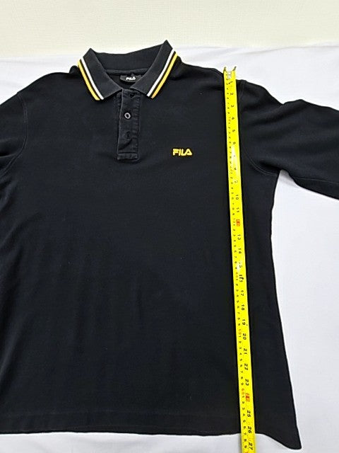 Fila Men's Black Long Sleeve Polo Shirt Size L Yellow Trim Cotton