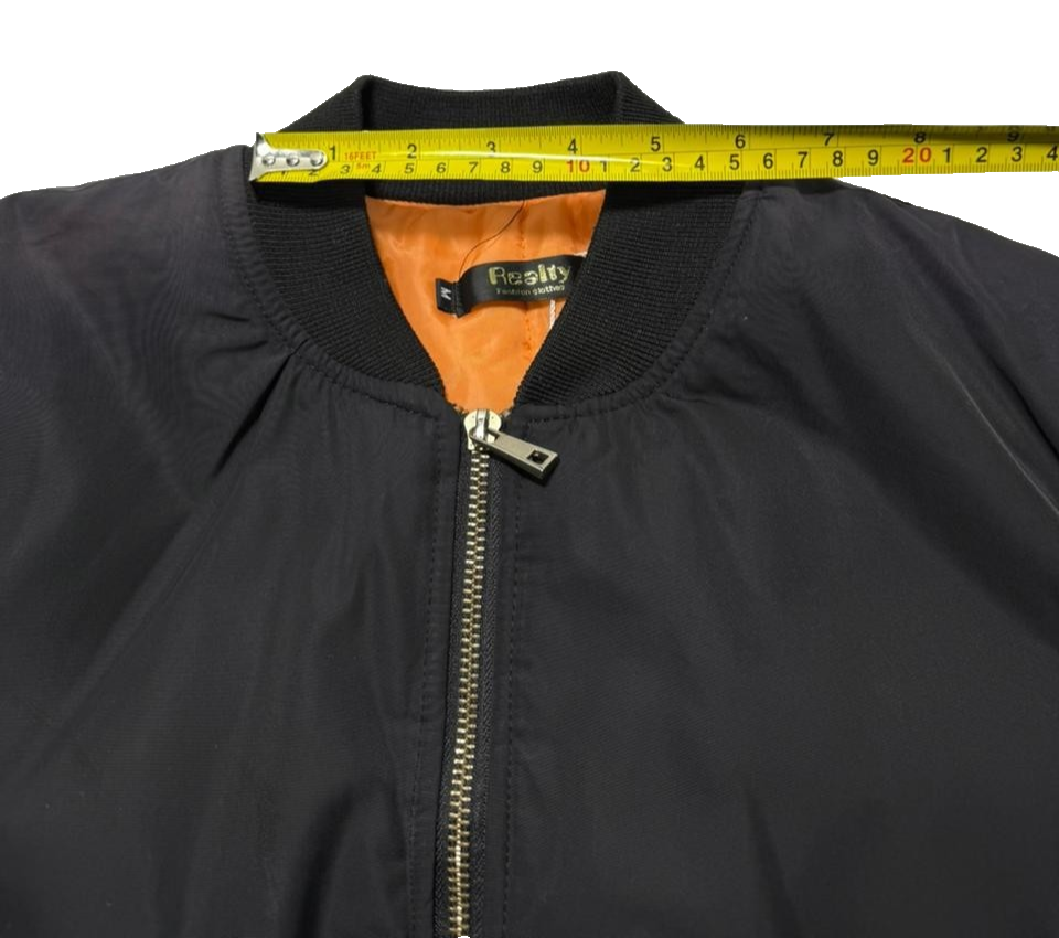 Classic Black Bomber Jacket Orange Lining Full Zip Pockets - Size M