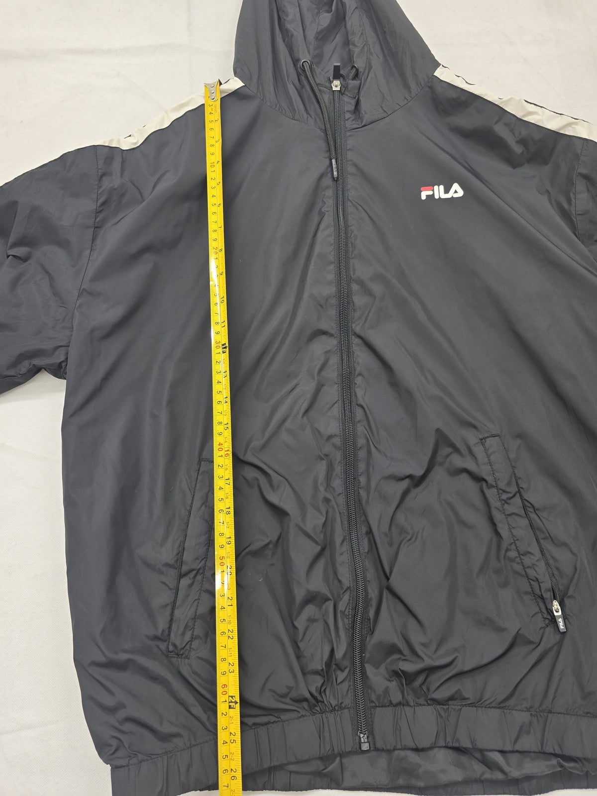Fila Men's XL Black Hooded Rain Windbreaker White Stripes Zip Pockets