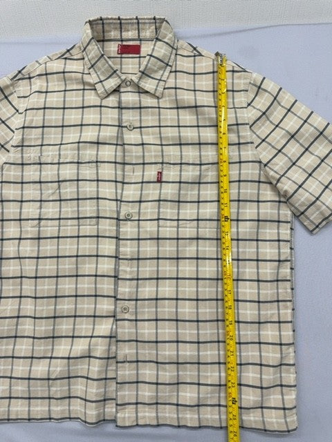 Levi's Men's Large Short Sleeve Plaid Cotton Button-Down Shirt Beige Navy