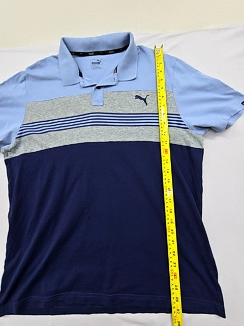 Puma Men's Striped Color Blocked Polo Shirt L Blue Navy Gray Short Sleeve