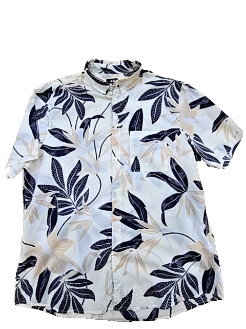 H&M Men's Black/White Leaf Resort Shirt XL Regular Fit Cotton