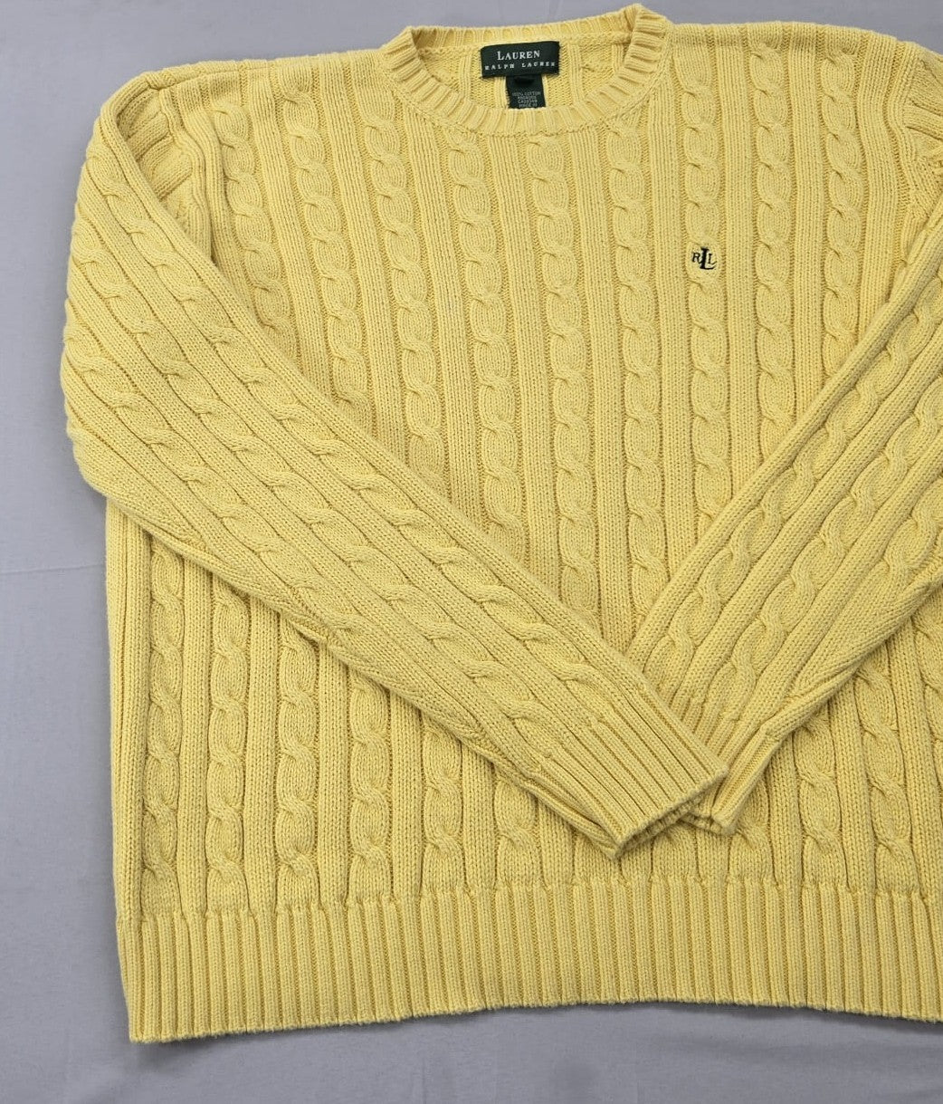 RALPH LAUREN Green label Cable Knit Crewneck Sweater Yellow L Cotton Long Sleeve