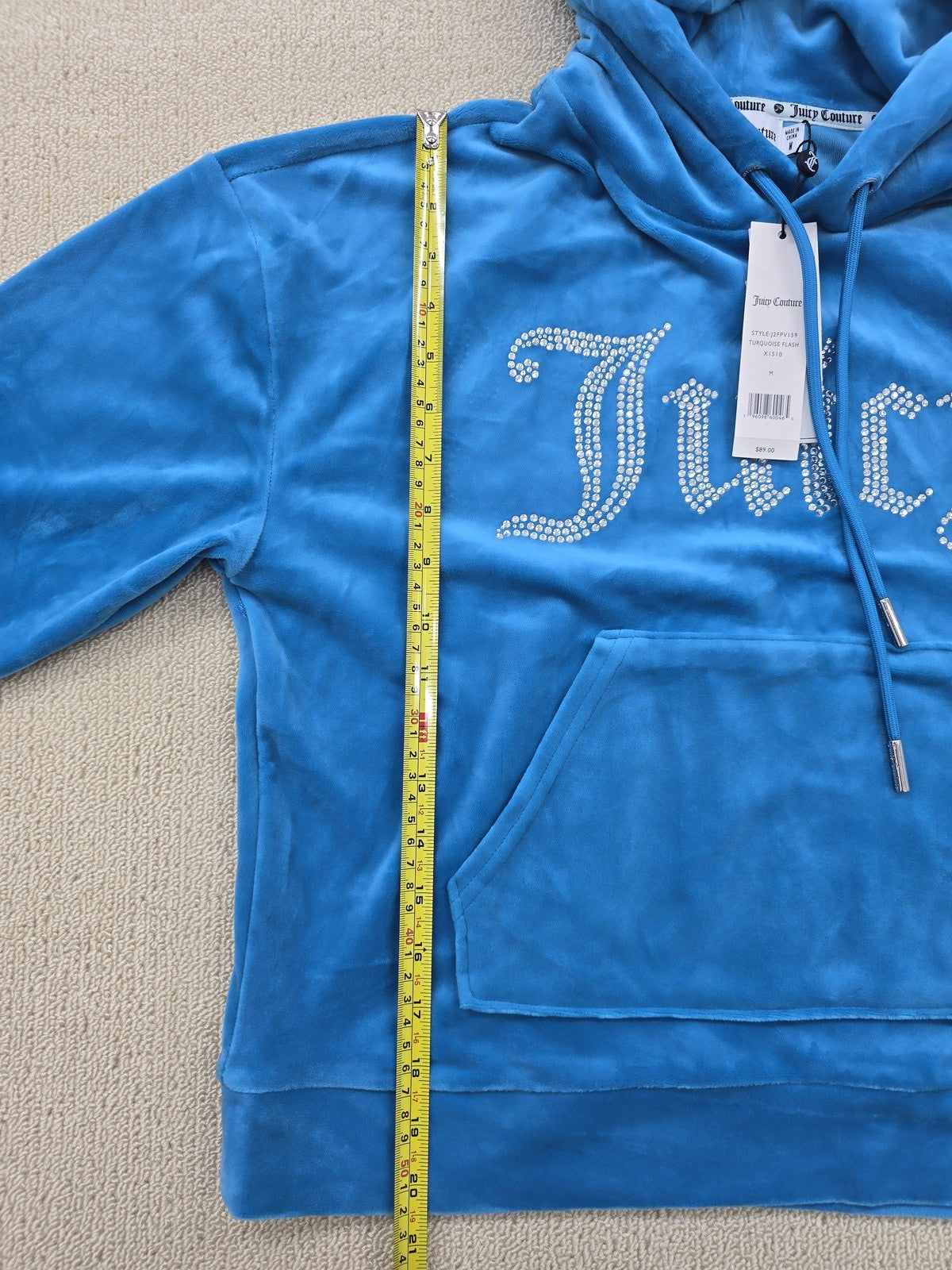 Juicy Couture Icons Velour Pullover Hoodie M Regal Blue Y2K Rhinestone