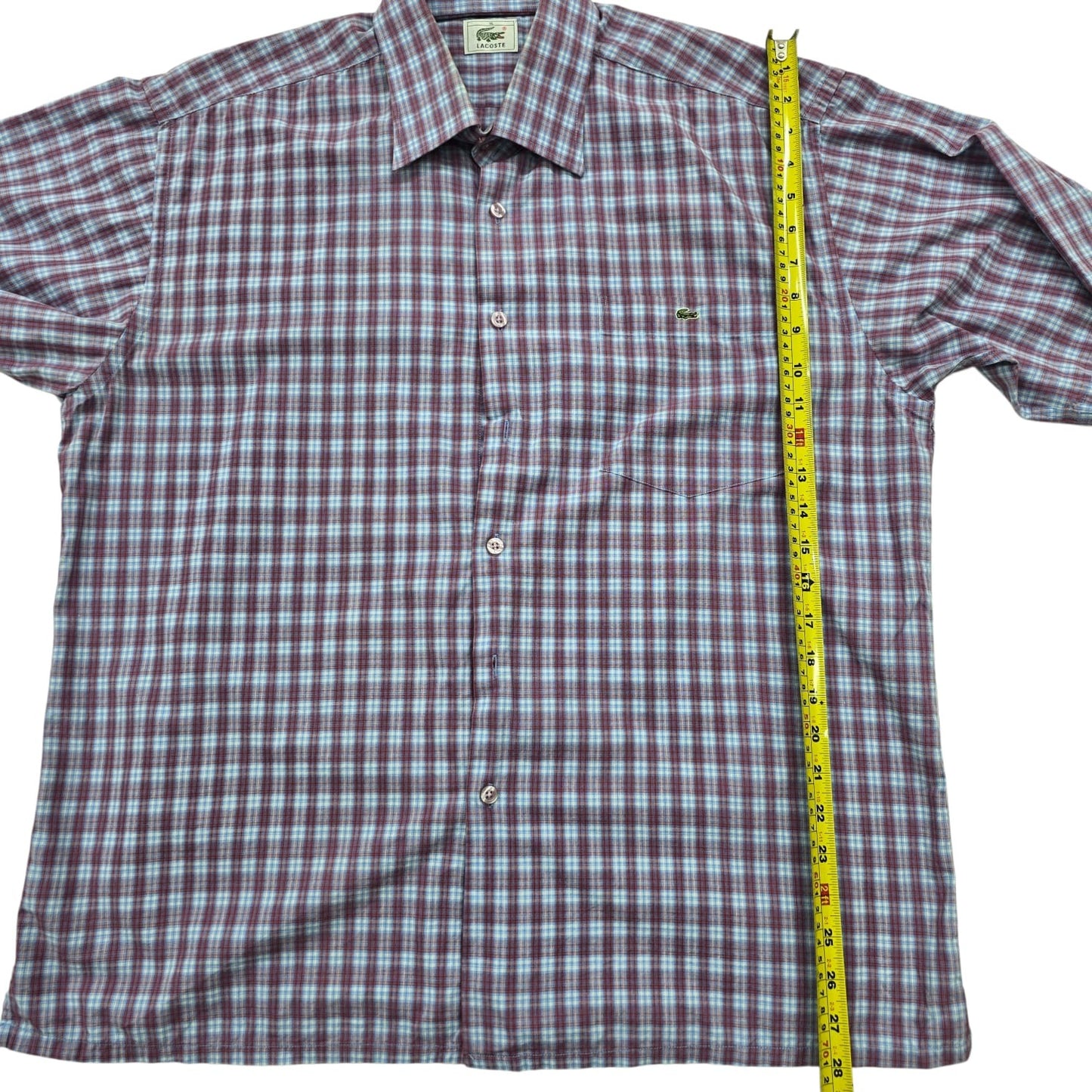 Lacoste Men's Burgundy Plaid Short Sleeve Shirt Vintage M