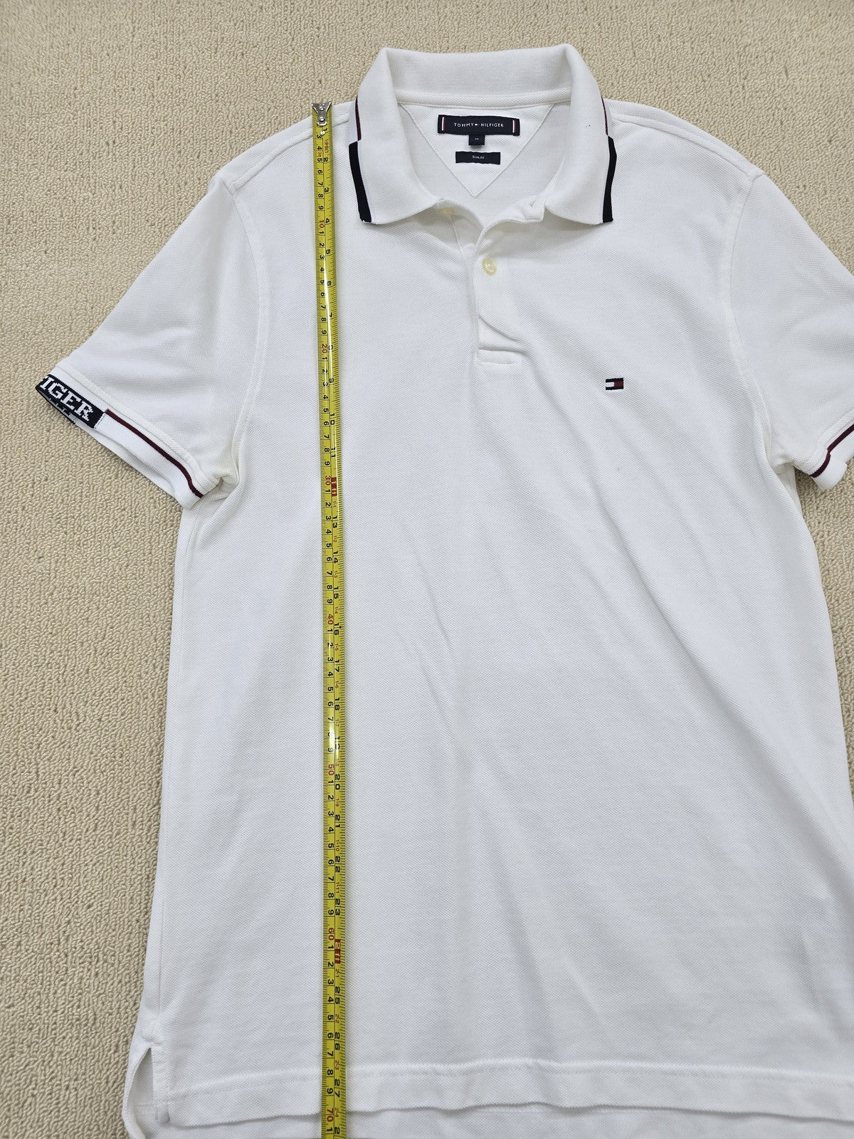Tommy Hilfiger Men's White Slim Fit Short Sleeve Polo M Cotton Pique Flag Tipped