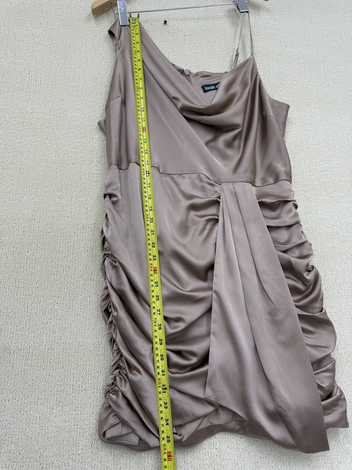 Lavish Alice Size 16 Mini One Shoulder Taupe Satin Dress