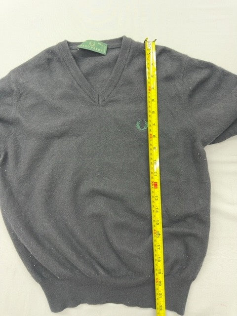 Fred Perry Grey V-Neck Wool Blend Sweater Size 46 Men Laurel Logo Italy