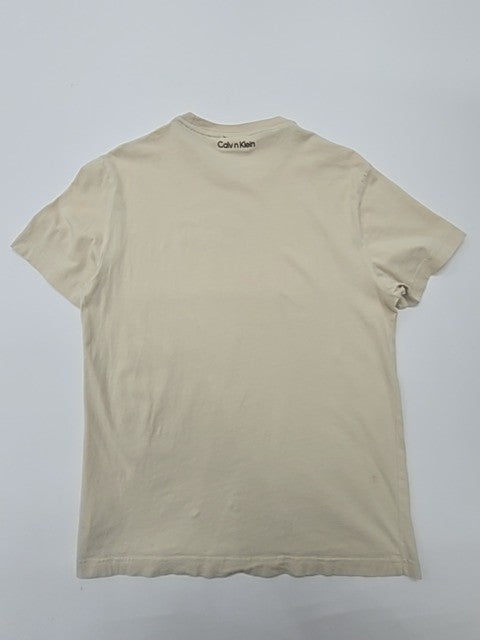 Calvin Klein Men's Beige T-Shirt – Size S, Logo, Crew Neck
