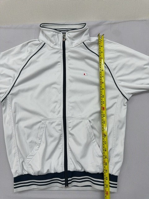Champion Men's White Satin Track Jacket S Vintage Zip Navy Piping