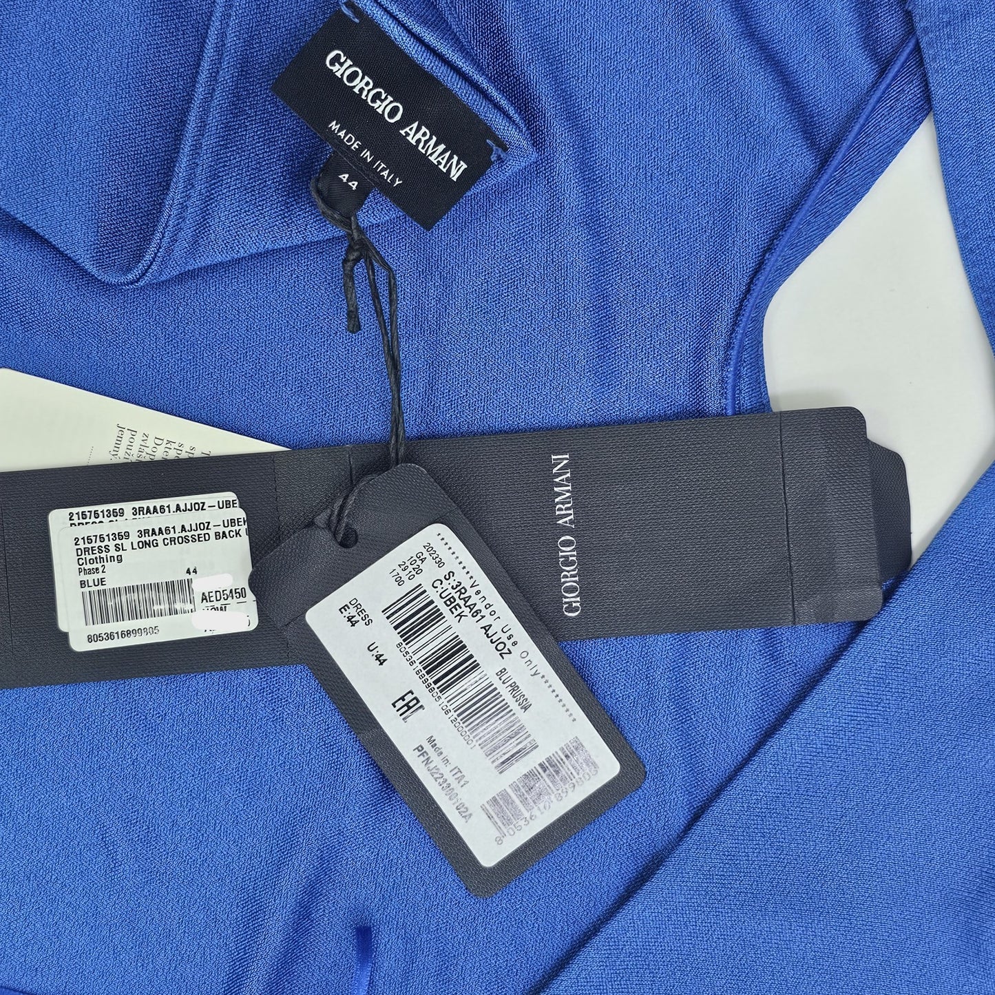 Giorgio Armani Draped Satin Jersey Crossed Back Midi Dress Blue 44 BNWT