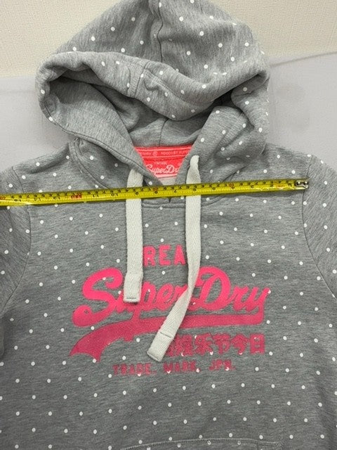 Superdry Vintage Gray Polka Dot Hoodie L Drawstring Pink Logo Unisex