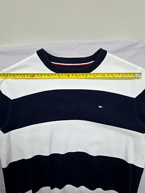 Tommy Hilfiger Unisex Navy Blue White Striped Cotton Crew Sweater XSP