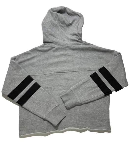 Guess Women's Grey Cropped Hoodie Size S Logo Front, Striped Sleeves