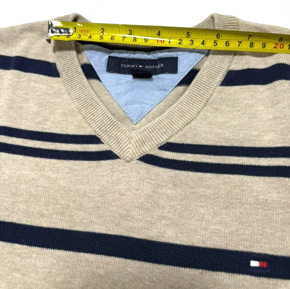 Tommy Hilfiger Men's Cotton V-Neck Sweater In A Beige And Navy Blue Stripes