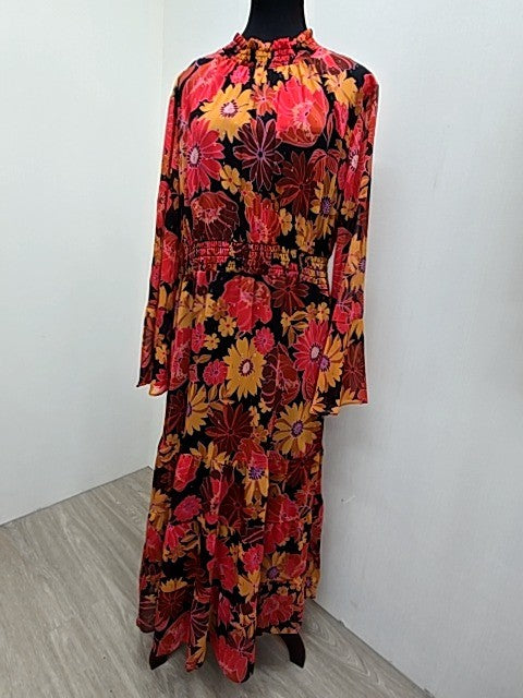 Donna Morgan Floral Maxi Dress L Multi Long Bell Sleeve High Neck
