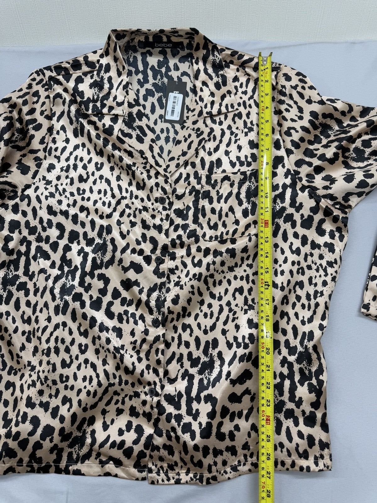 Bebe Leopard Print Long Sleeve Satin Top XL Brown