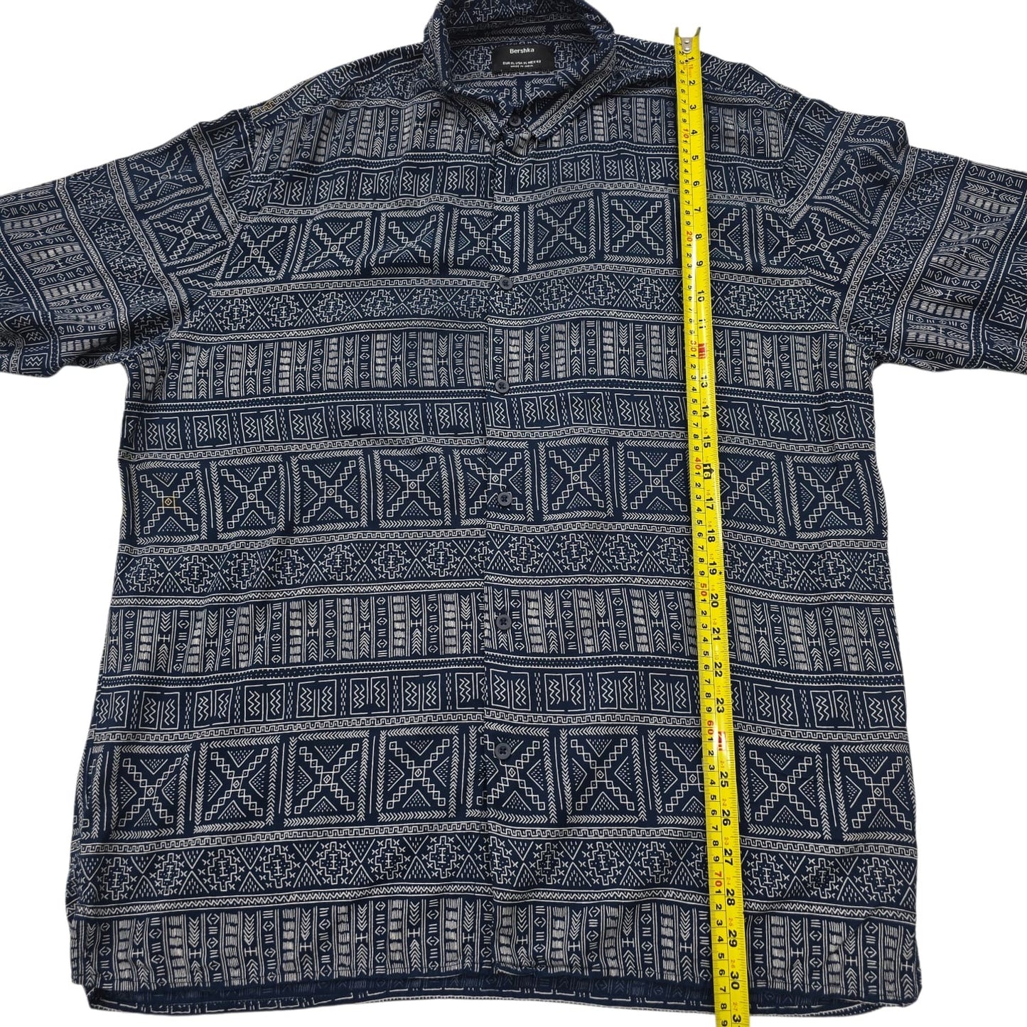 Bershka Men's Navy Geometric Embroidered Short Sleeve Shirt XL