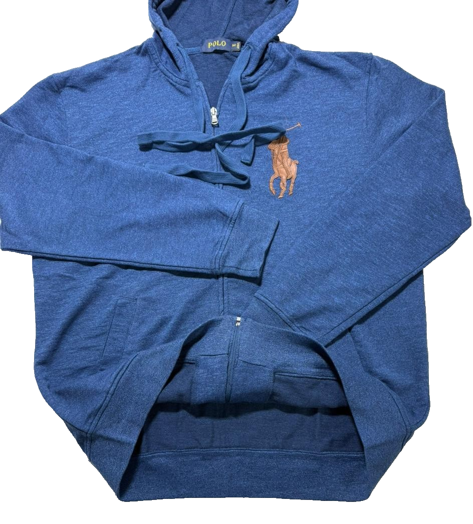 Polo Ralph Lauren Blue Zip Up Hoodie M Big Pony Logo Men's Sweatshirt