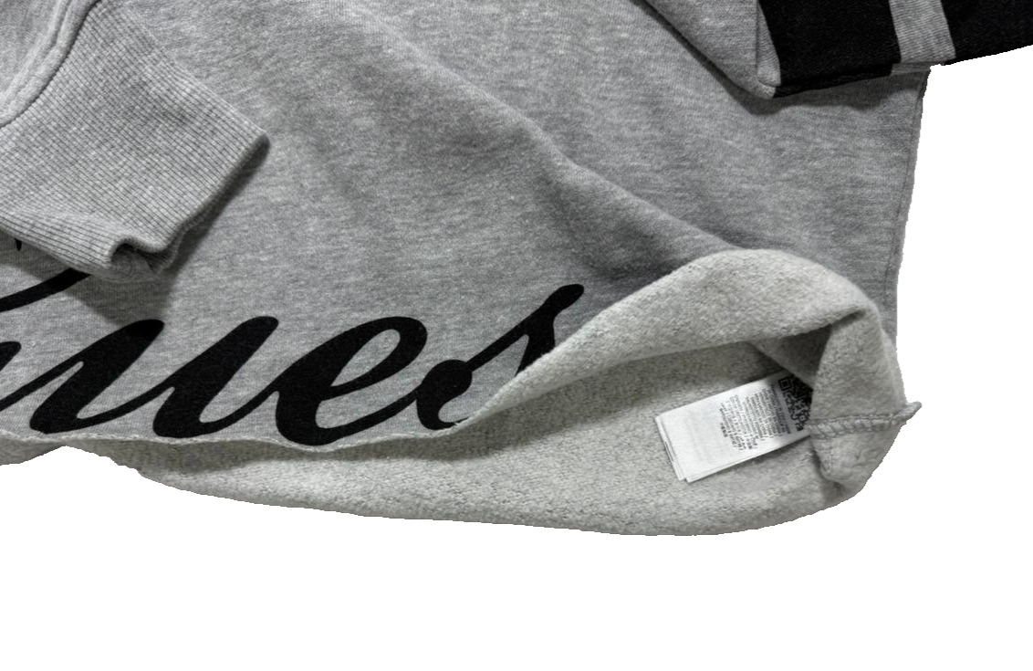 Guess Women's Grey Cropped Hoodie Size S Logo Front, Striped Sleeves