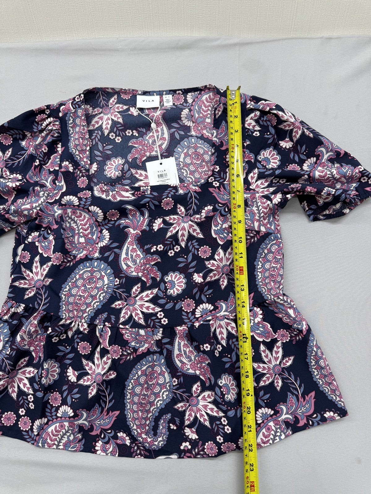 Vila Puff Sleeve Floral Paisley Top EU 36 Navy Pink White Blue Print