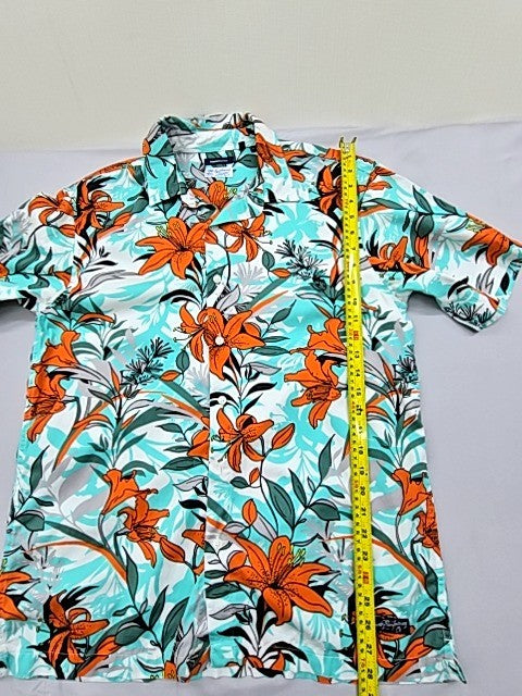 Superdry Men's Teal Orange Floral Hawaiian Shirt Size L Short Sleeve