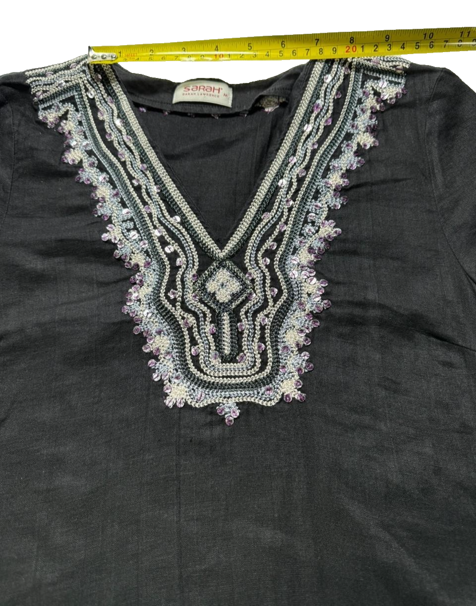 Sahah Black Beaded V-Neck Tunic Dress Short Sleeve Drawstring Waist - Size M