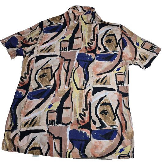 Bershka Men's Large Abstract Face Print Button Up Shirt Short Sleeve Multicolor