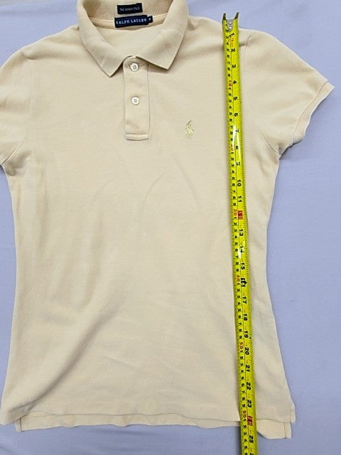 RALPH LAUREN Women's Beige Skinny Polo Shirt Size M Cotton Embroidered Pony