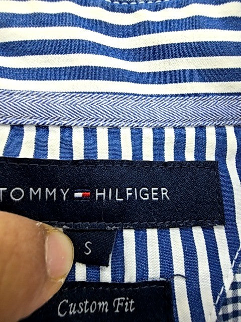 Tommy Hilfiger Men's Blue Gingham Long Sleeve Cotton Shirt Custom Fit Logo