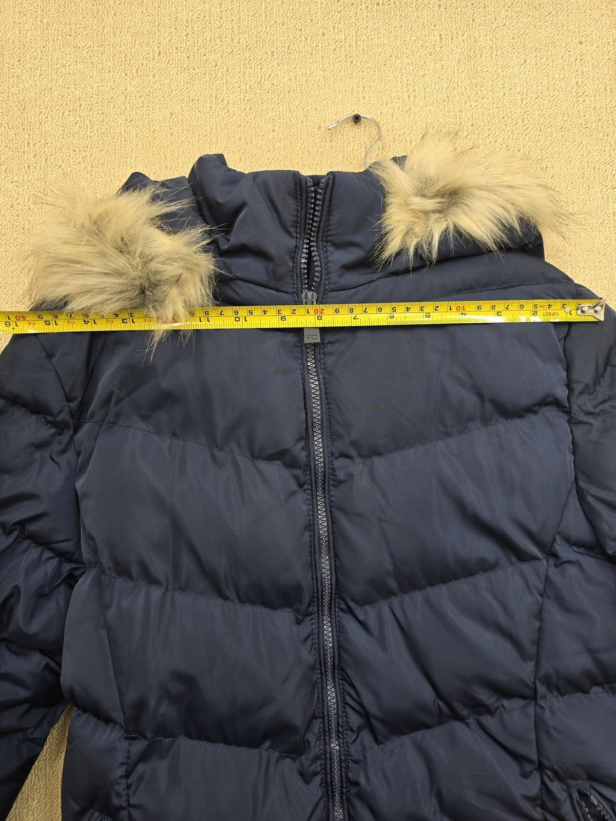 French Connection Women's Navy Puffer Jacket XS Fur Hood Long
