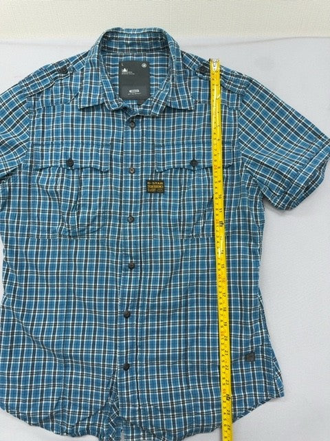 G-Star Women's Blue Check Short Sleeve Slim Shirt L Cotton Pockets