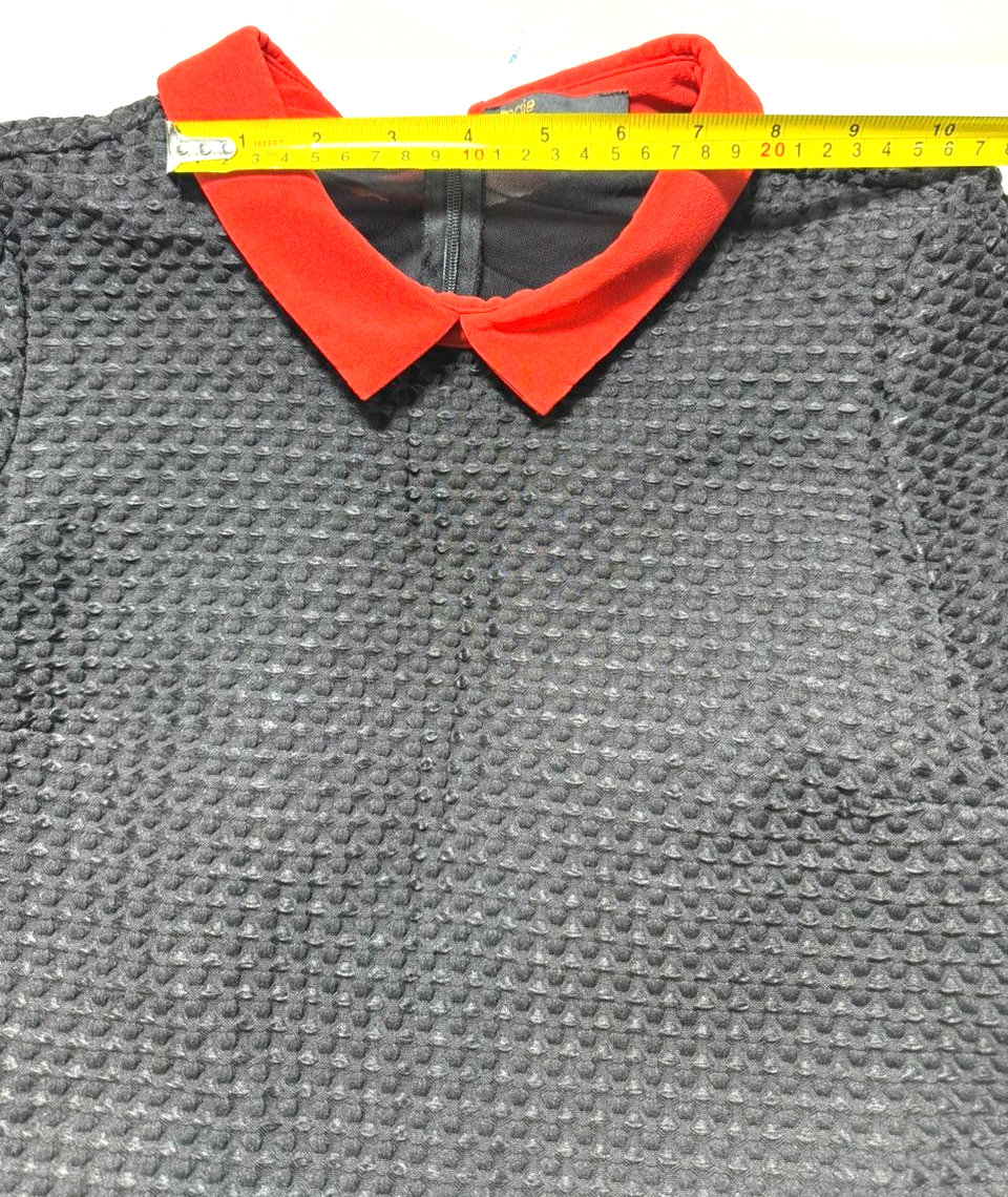 Maje Black Textured Knit Dress With Red Collar Short Sleeve Fit & Flare - Size 3