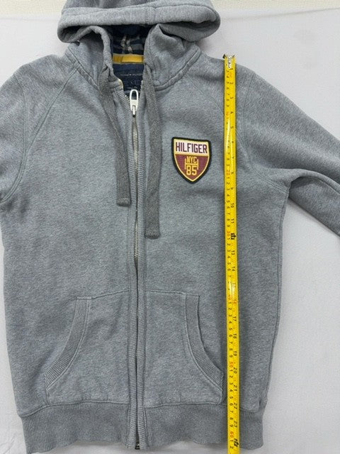 Tommy Hilfiger Grey Zip Hoodie S Vintage Fit Embroidered Patch Cotton Poly