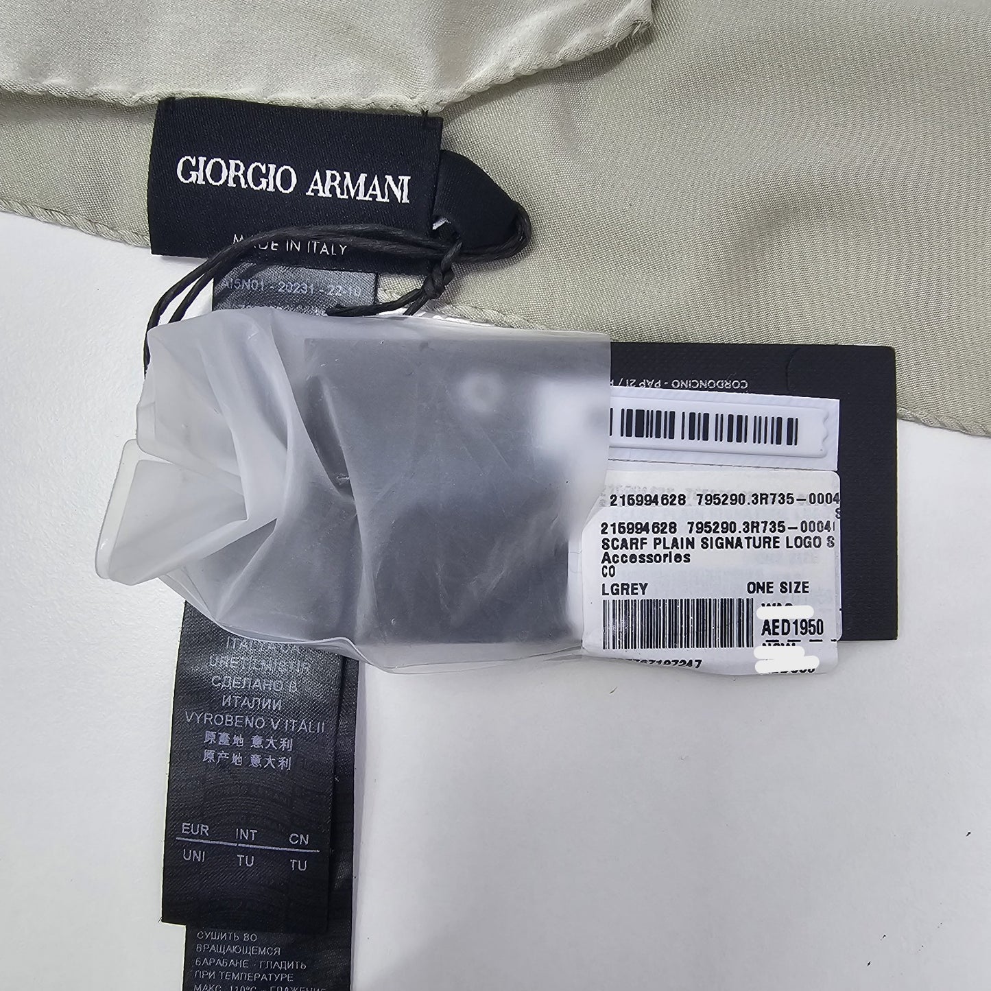 Giorgio Armani Light Grey Scarf with Signature Logo One Size BNWT