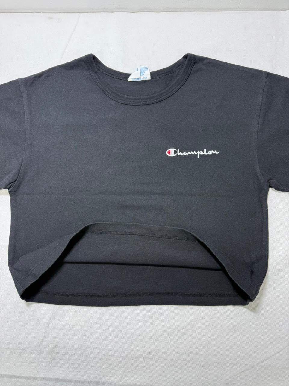 Champion Black Cropped T-Shirt Embroidered Logo Women's Size M