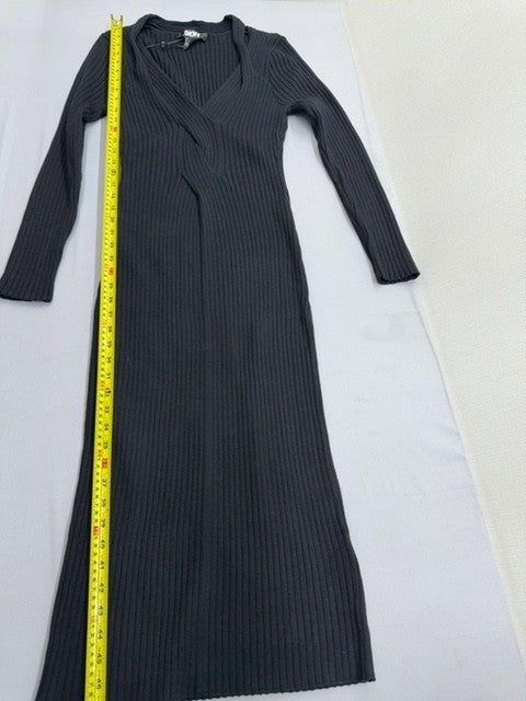 DKNY Black Long Sleeve Shift Midi Dress L Ribbed Knit V-Neck