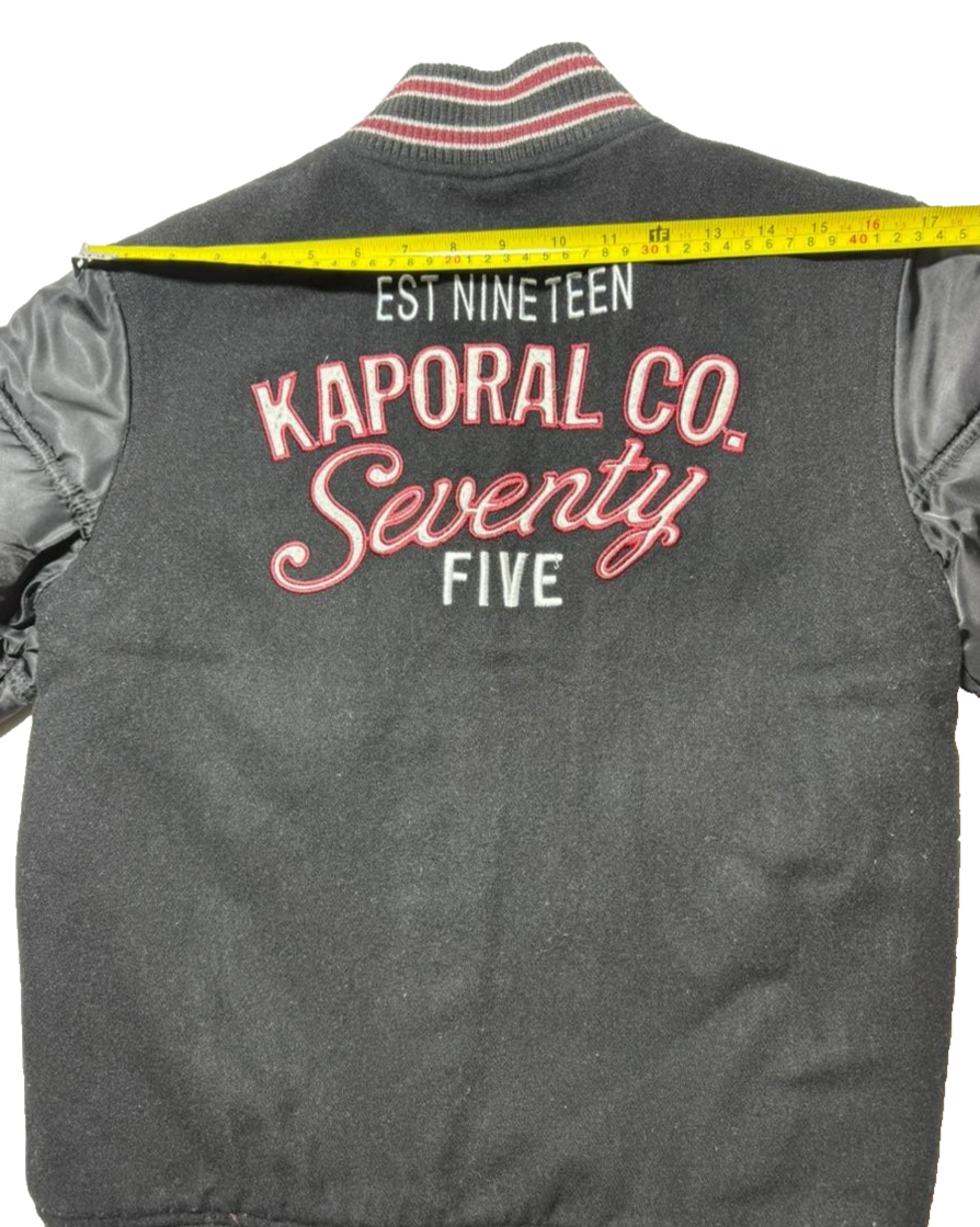 Kaporal K5 Varsity Bomber Jacket Black Men's Size 14 Patch Logo Puff Sleeves