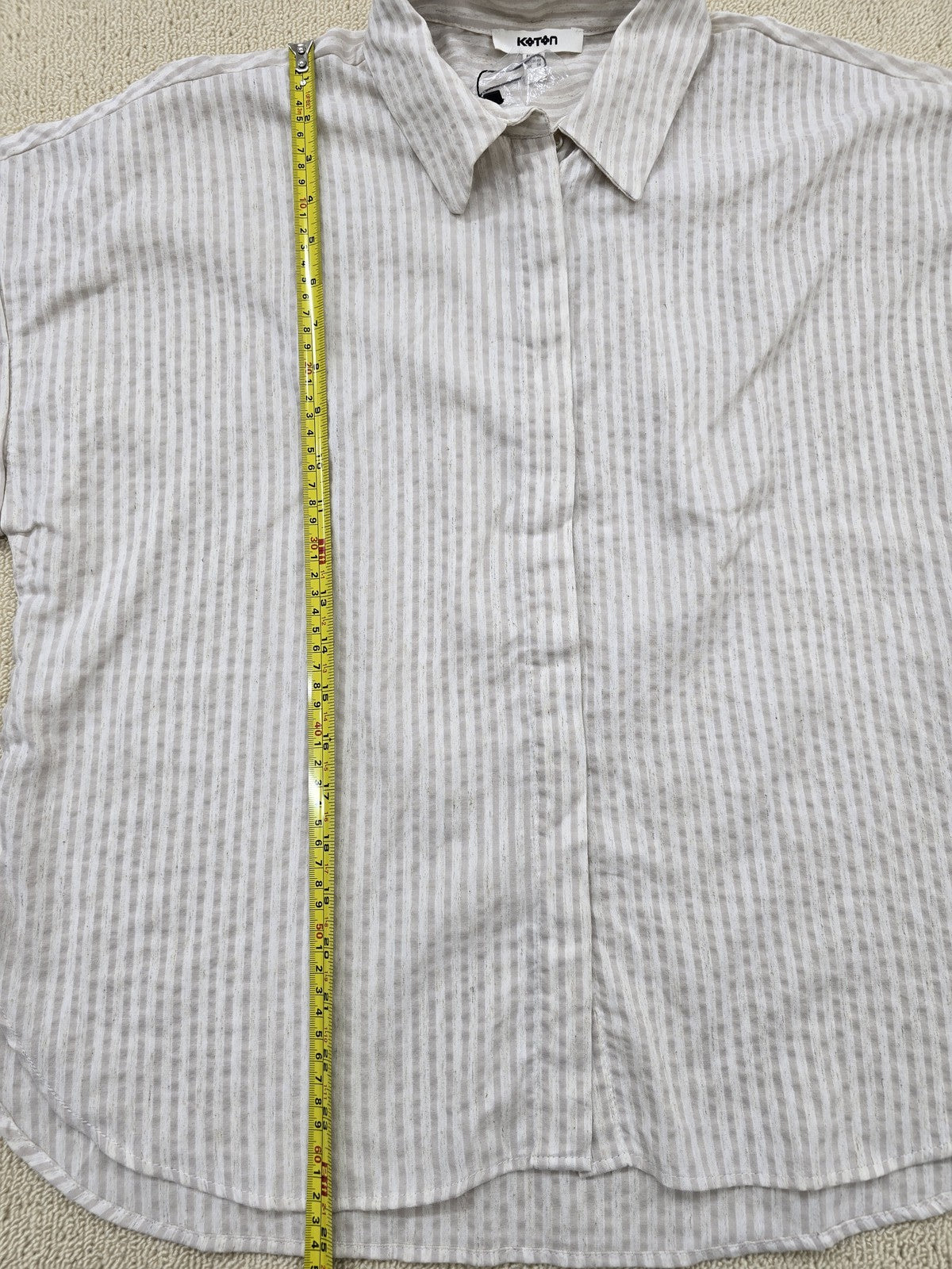 Koton Women's Beige Striped Short Sleeve Linen Shirt Regular Fit