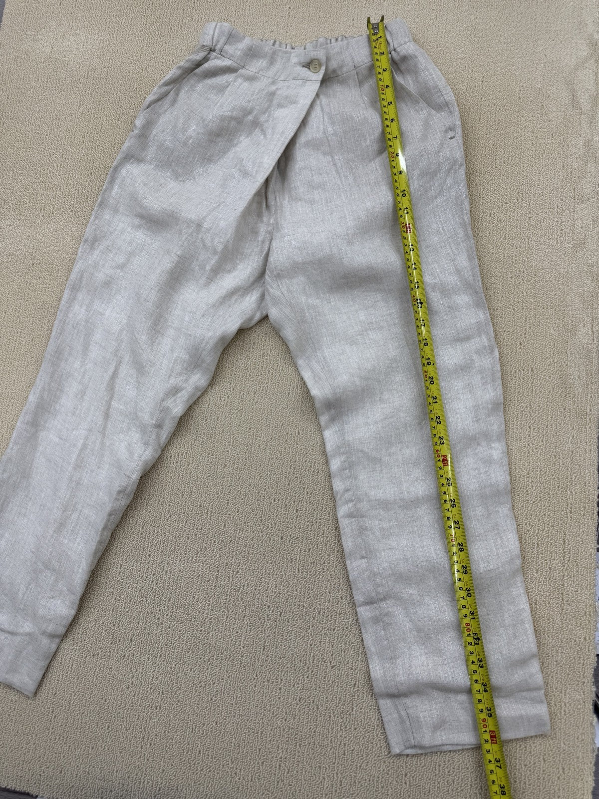 Reiko Women's Beige Linen Pants M Elastic Waist Solid Regular