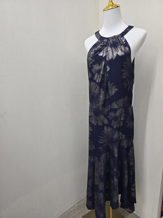 London Times Navy Floral Sleeveless Halter Dress Women's