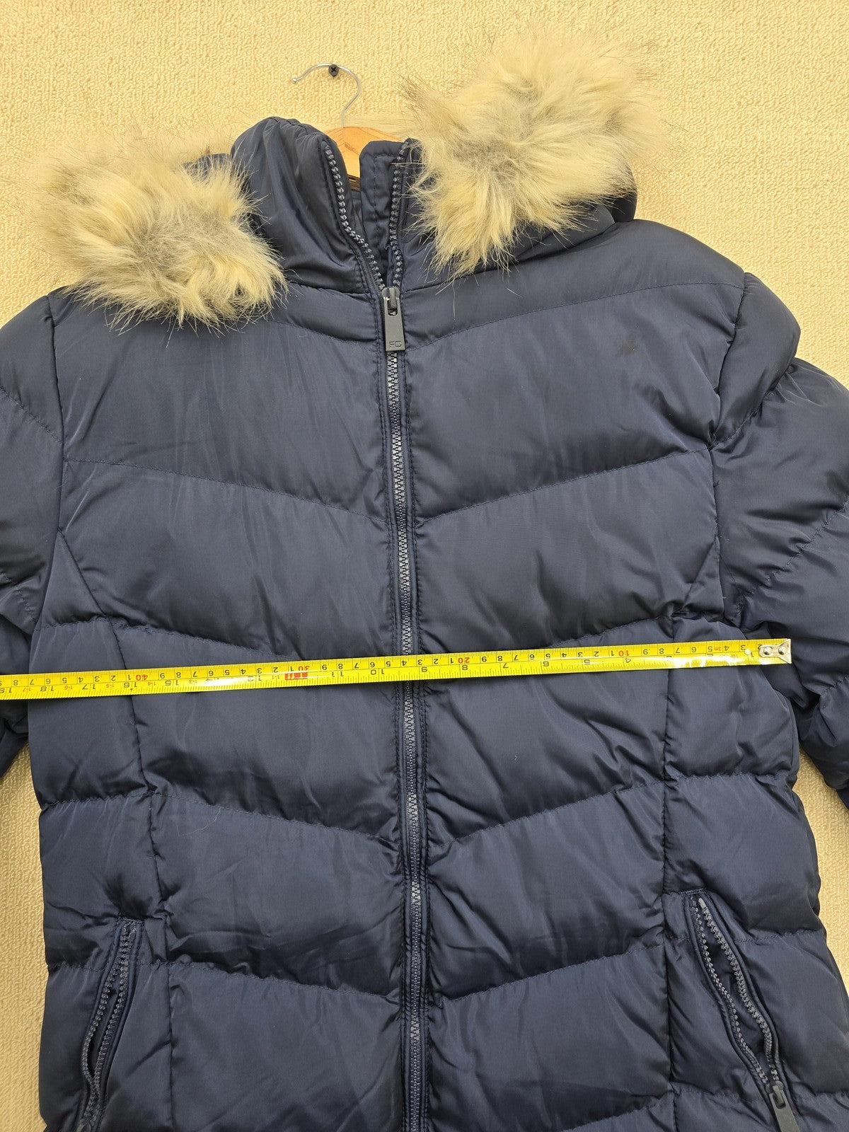French Connection Women's Navy Puffer Jacket L Longline Faux Fur Hood