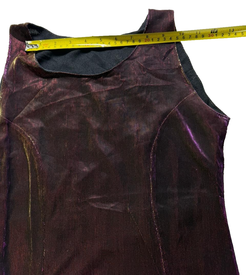 Vintage Metallic Sheer Sleeveless Dress Burgundy Gold Purple Shimmer Overlay