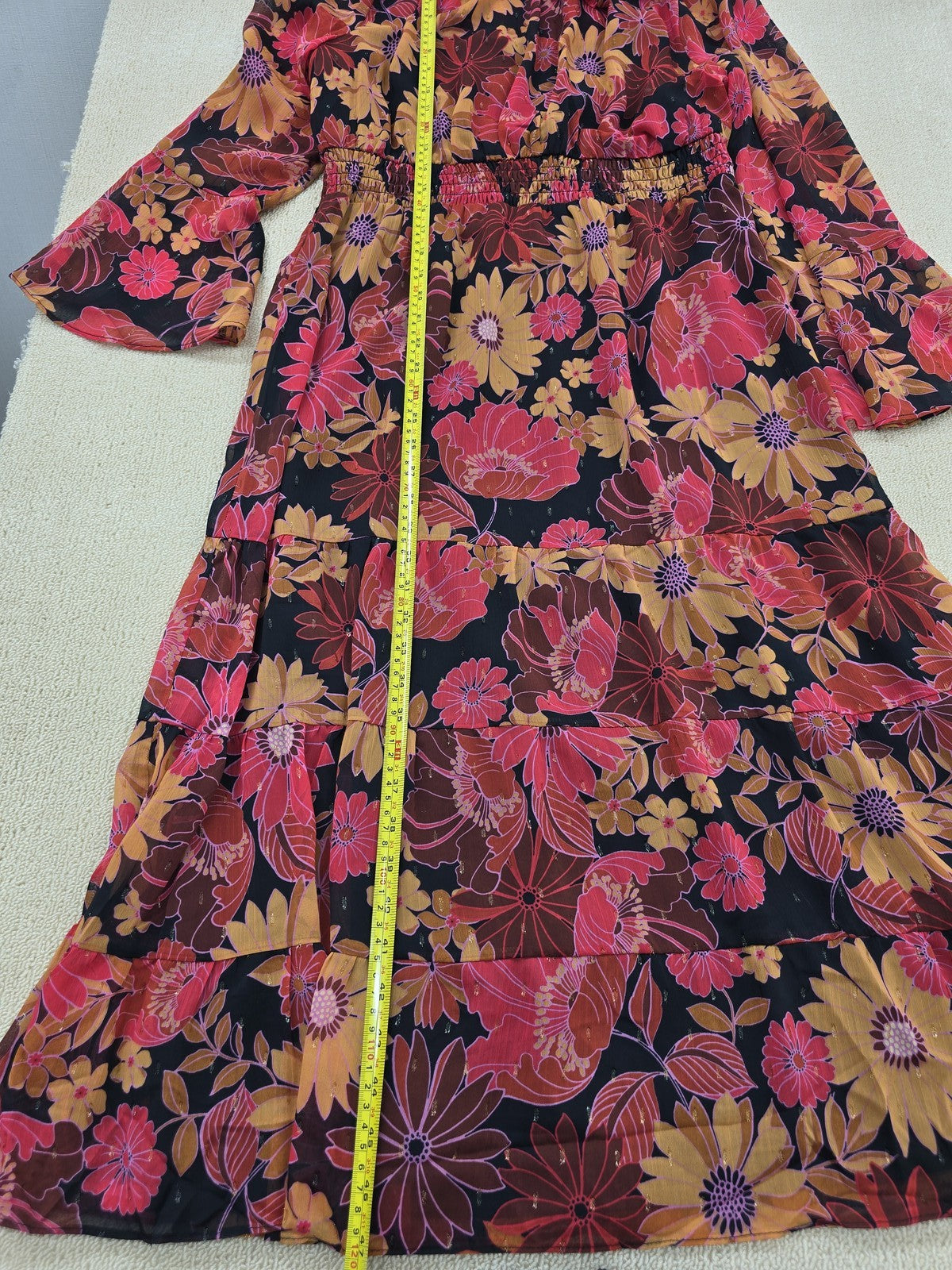 BHOC Size 10 Floral Midi Chiffon Long Sleeve Bell Dress Blk Coral