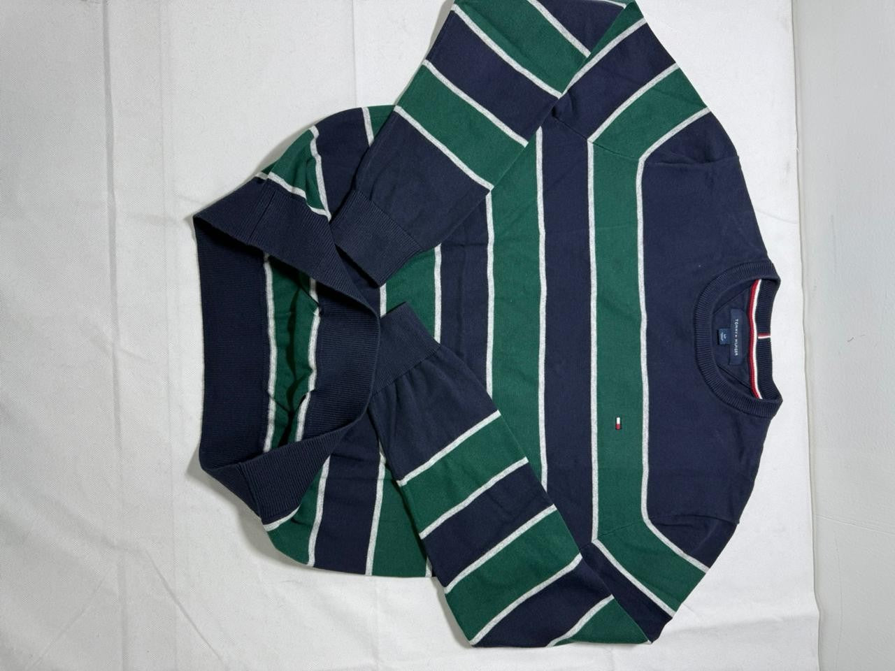 Tommy Hilfiger Men's Striped Crewneck Sweater Navy Green Size L